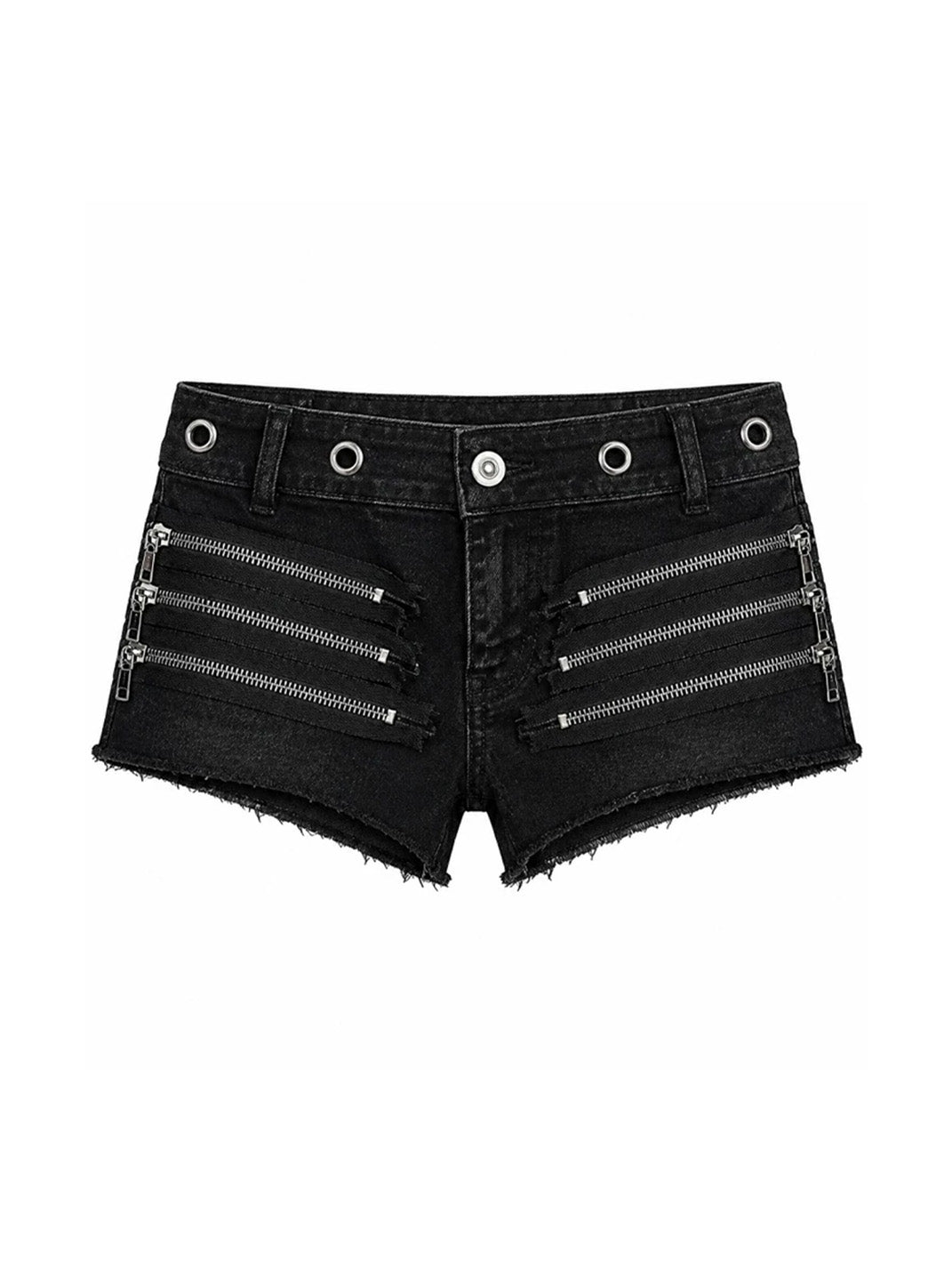 PAIKI Low-Rise Distressed Black Denim Shorts with Multi-Zip and Frayed Hem