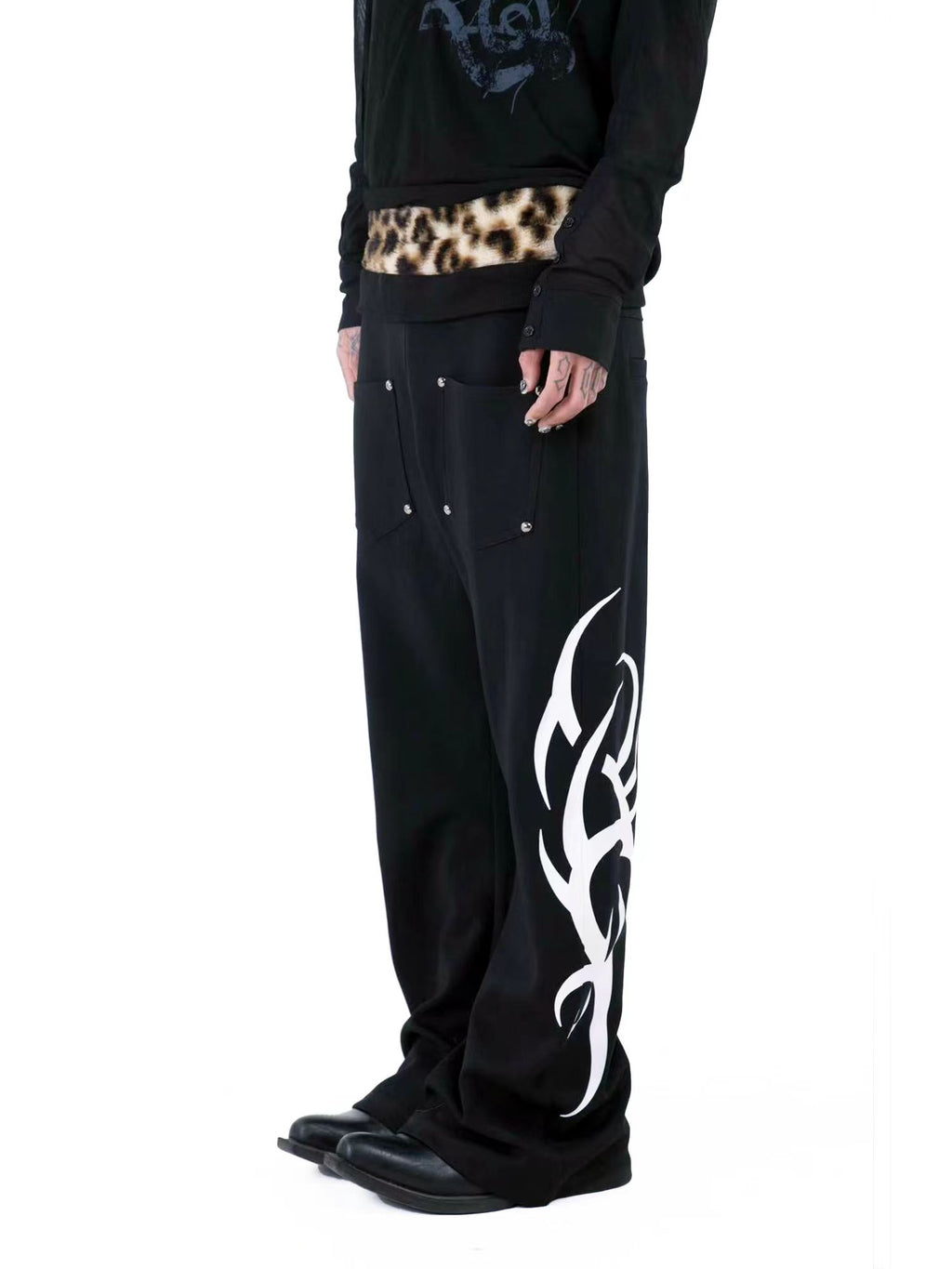 Leopard Waistband Straight-Leg Pants