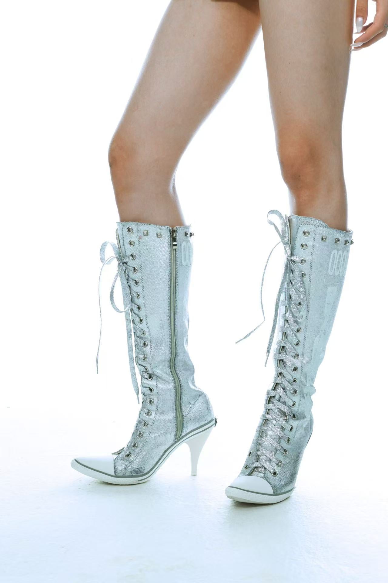Ooops333 Y2K Studded Glitter Canvas High Top Heels | Metallic Lace-Up Platform Boots