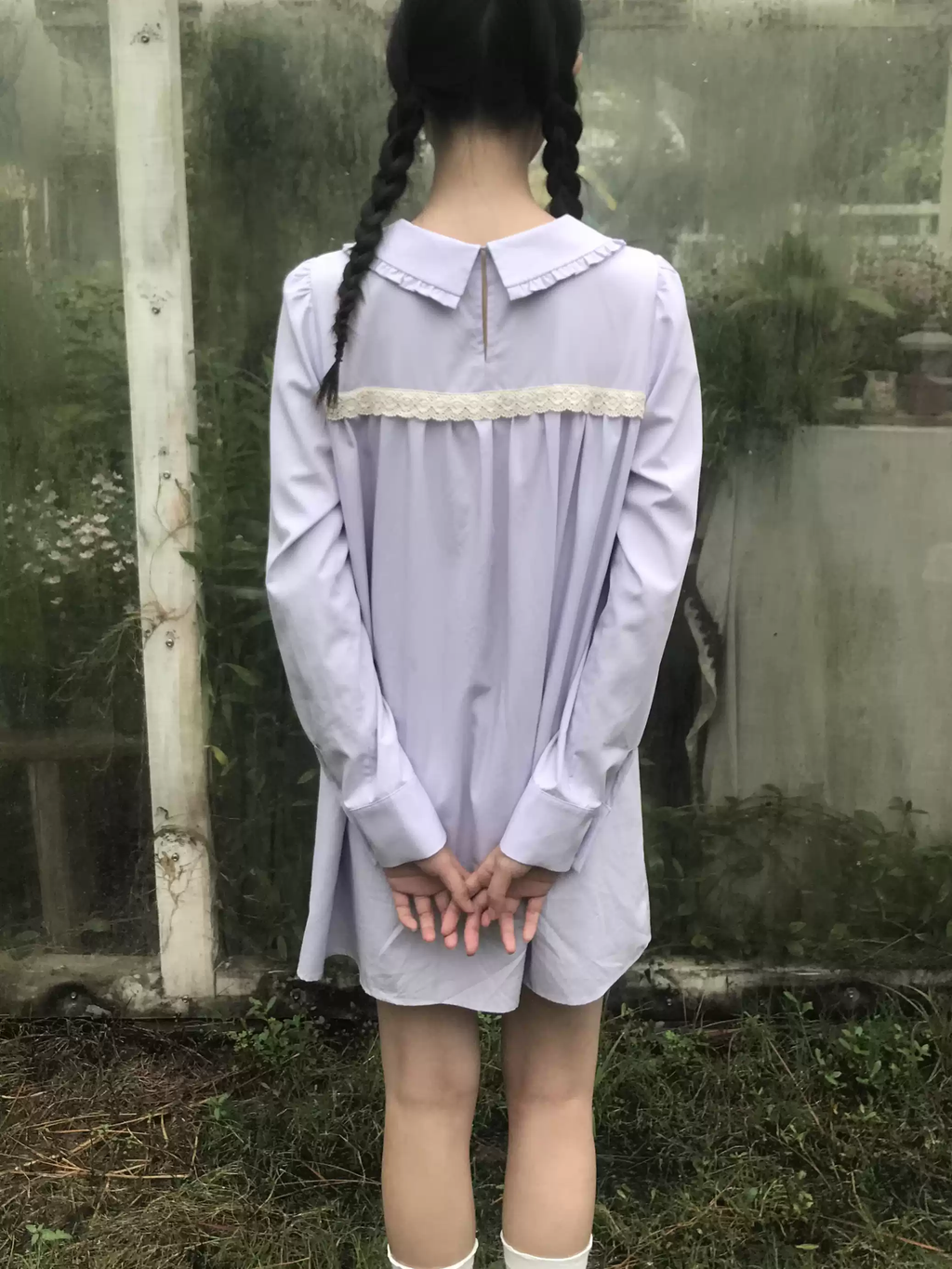 Lavender Peter Pan Collar Babydoll Dress with Lace Trim