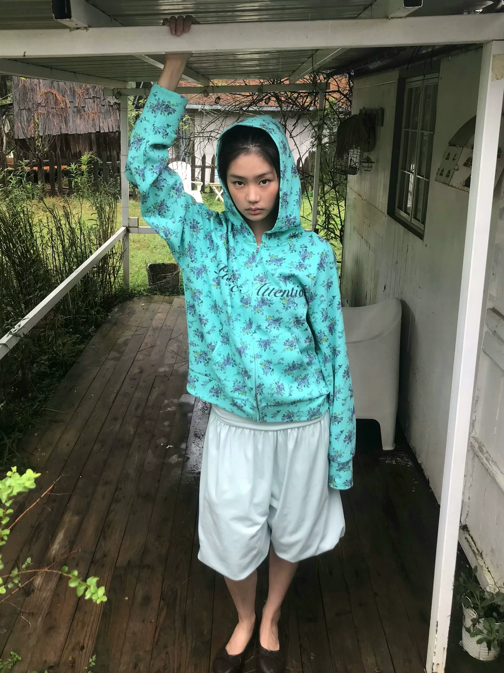 Mint Floral Print Zip-Up Hoodie – "Public Attention" Graphic
