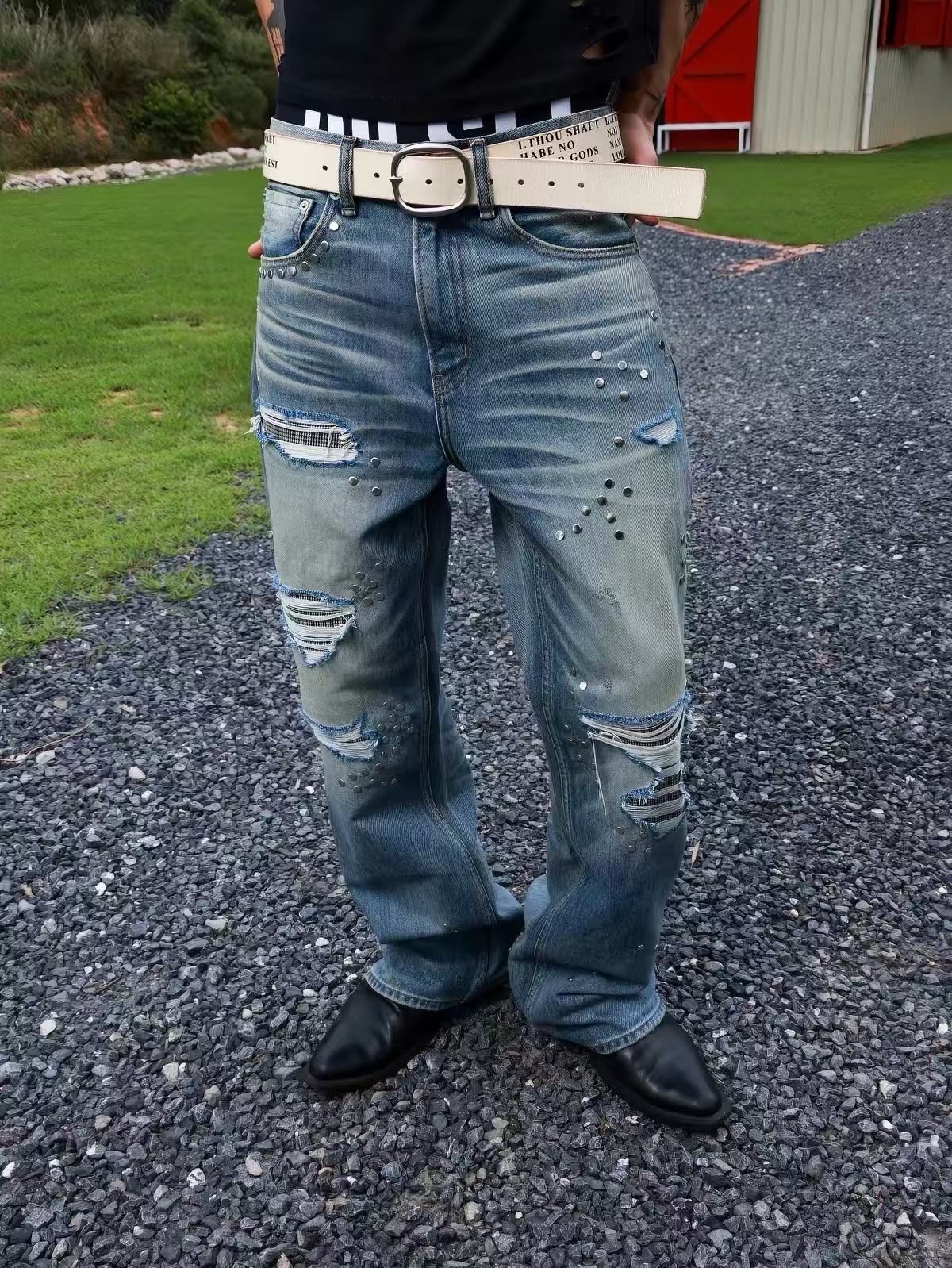 Houndstooth 646 Flare Jeans — Distressed Patches, 3D Whiskering & Studs