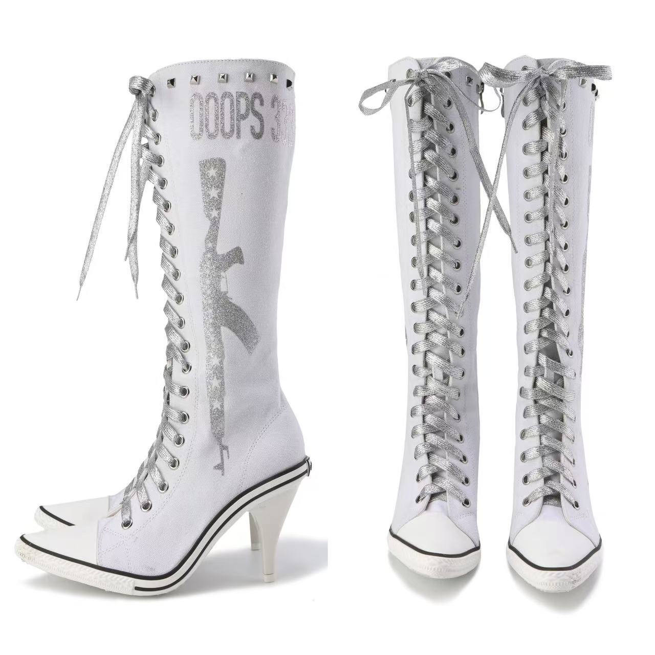 Ooops333 Studded Glitter Canvas Lace-Up Knee-High Boots