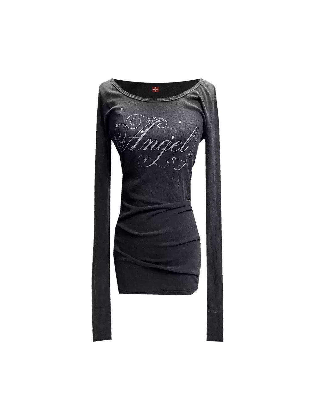 DETW Vintage Wing Rhinestone Washed Black Long Sleeve Bodysuit