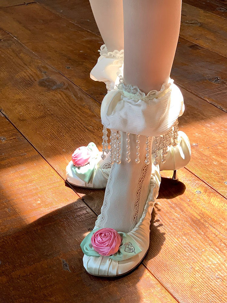 White Pearl Tassel Ankle Socks with Lace Trim
