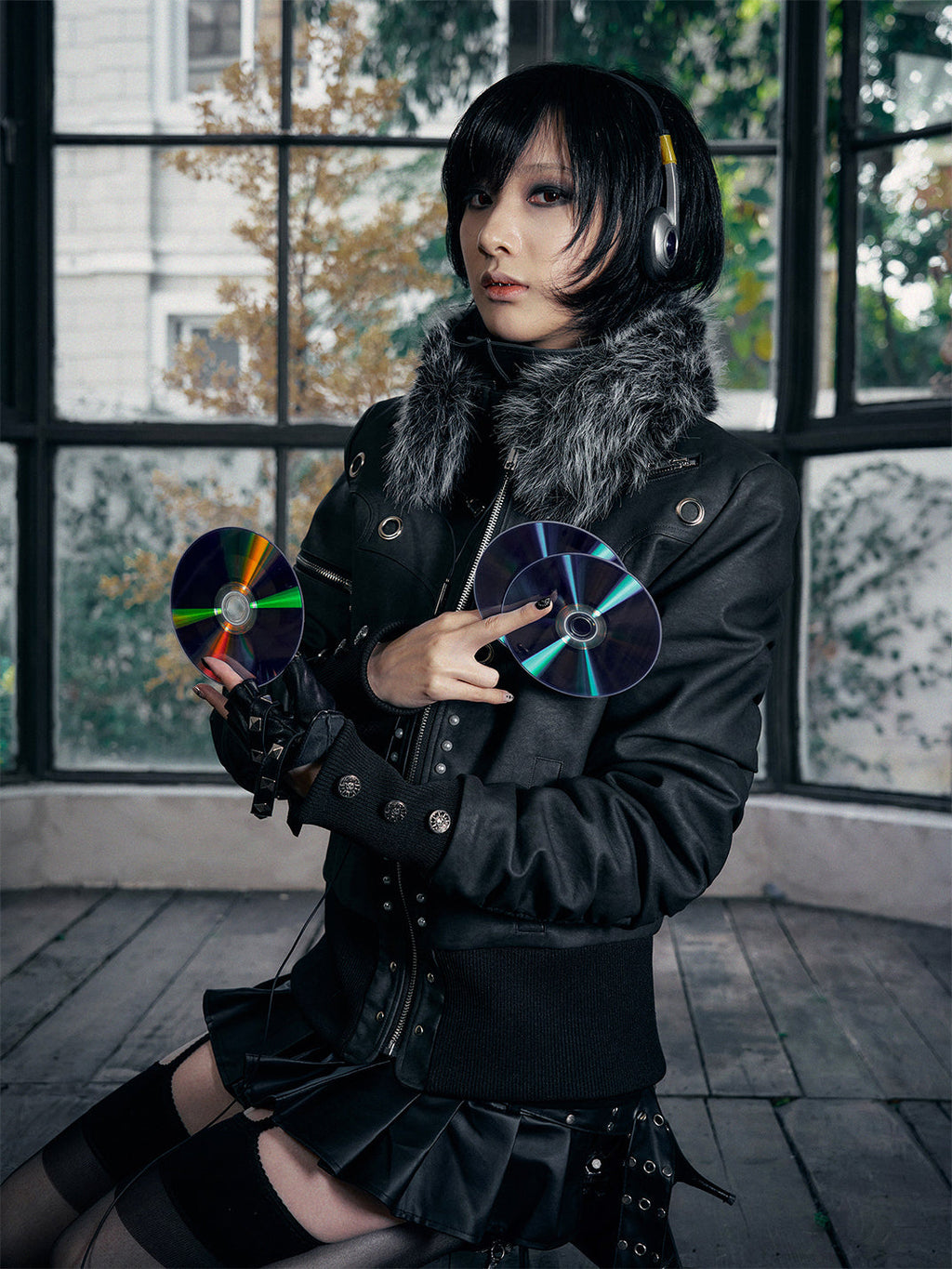 PAIKI Pearl-Washed Leather Jacket with Fur Collar