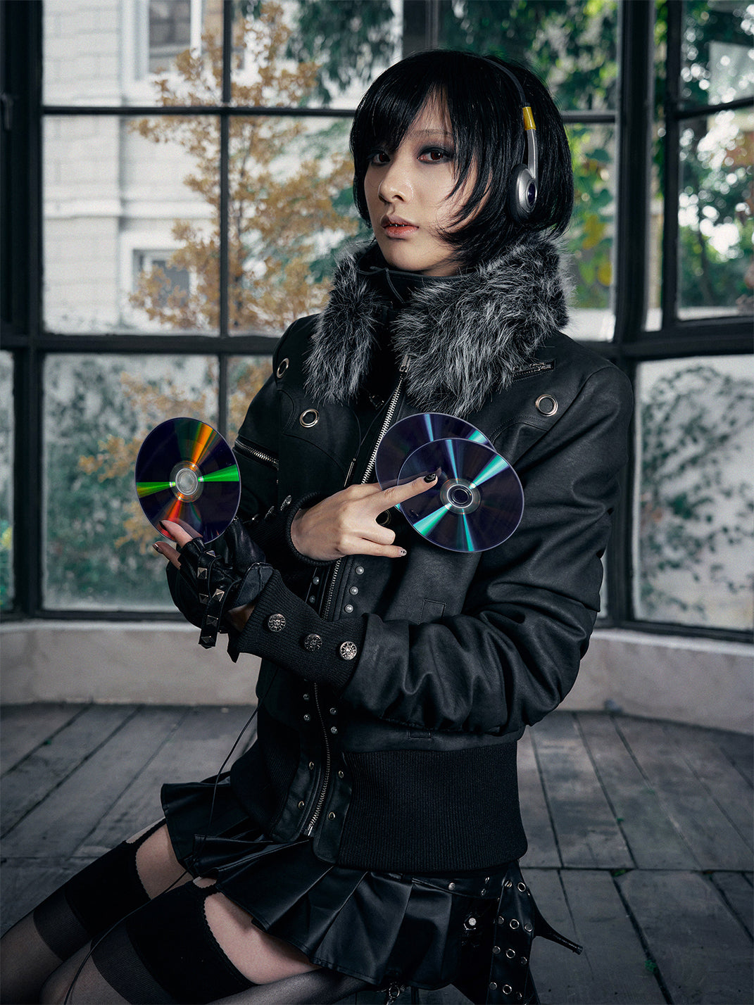 PAIKI Pearl-Washed Leather Jacket with Fur Collar