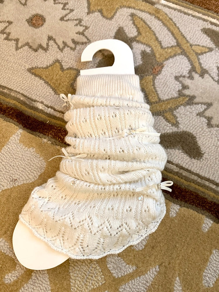 Pointelle Knit Bow & Rhinestone Accent Leg Warmers