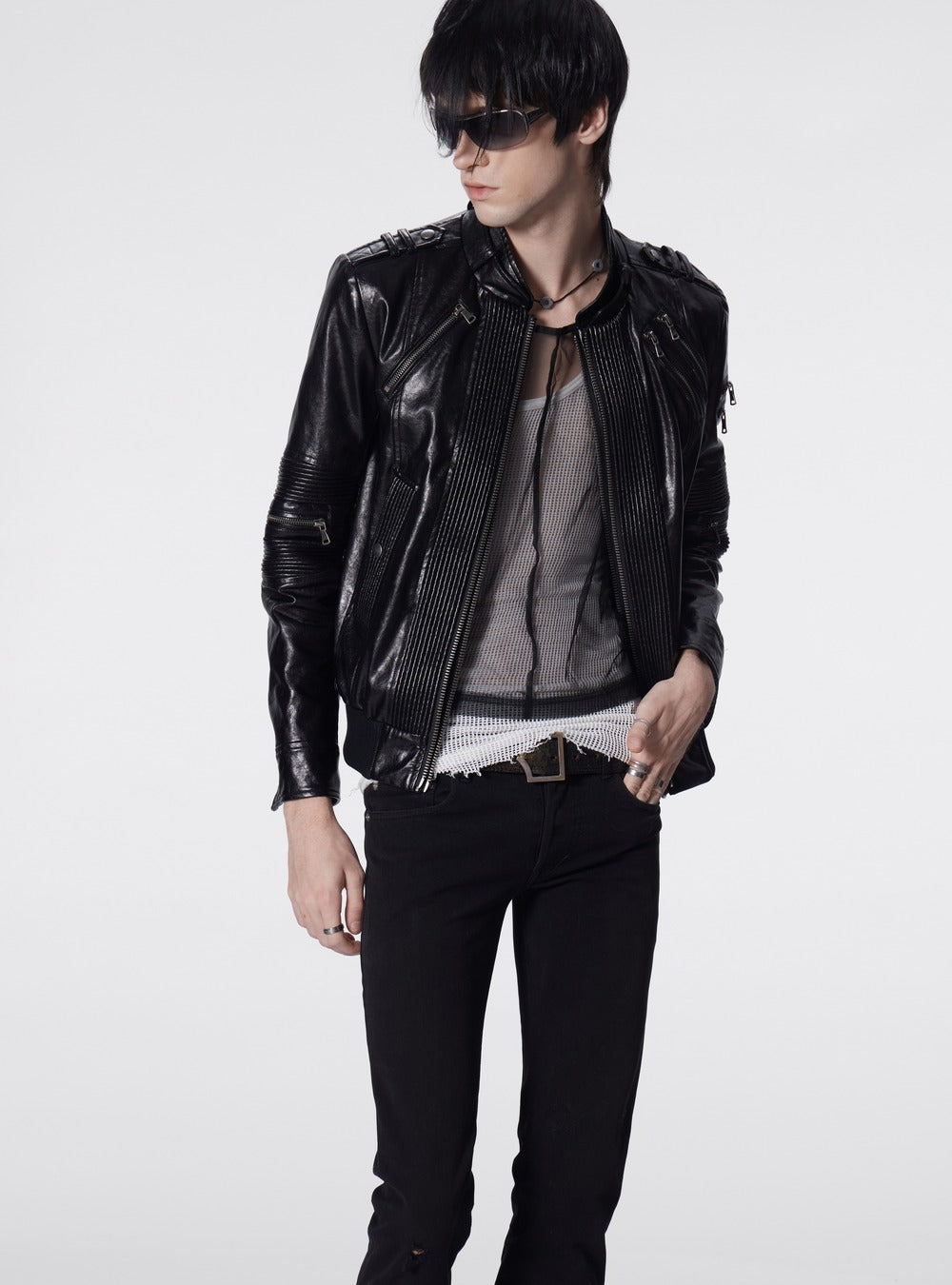Panelled slim moto PU jacket in black