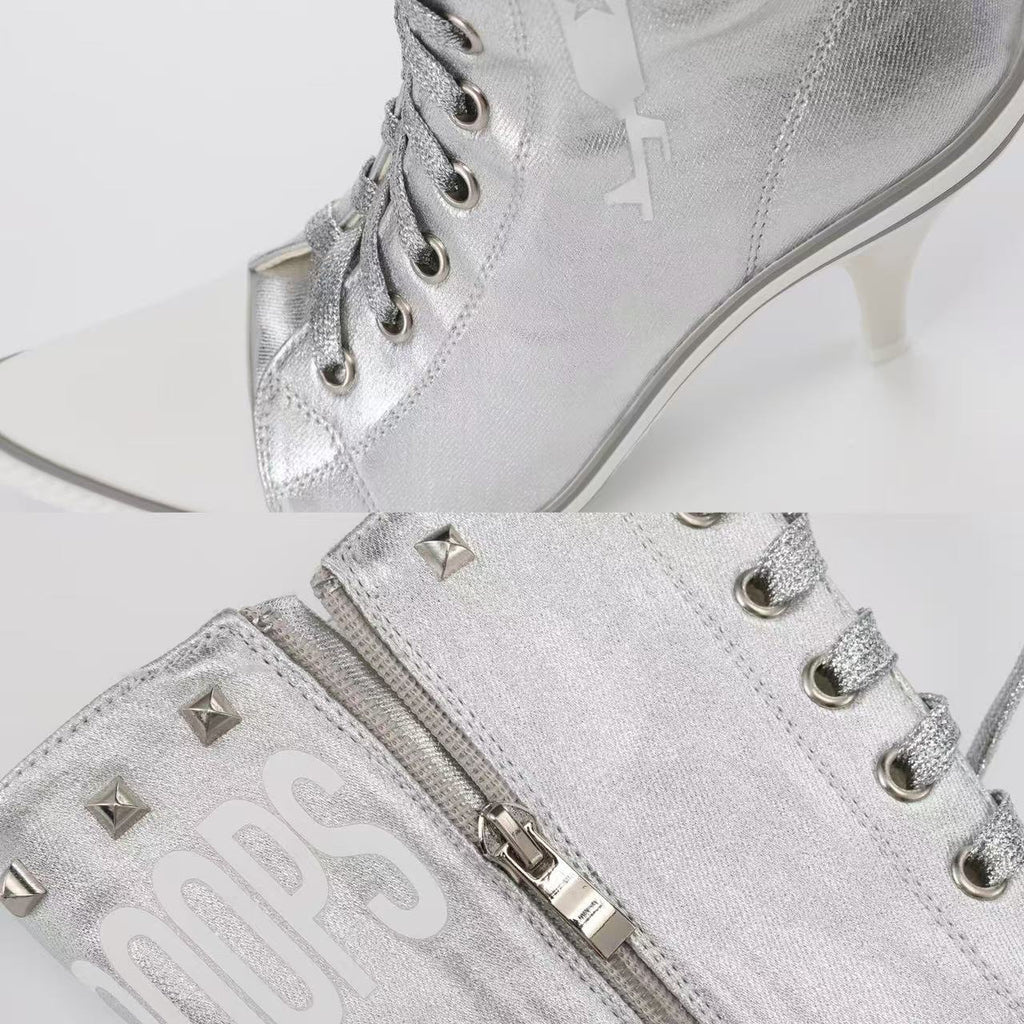 Ooops333 Y2K Studded Glitter Canvas High Top Heels | Metallic Lace-Up Platform Boots