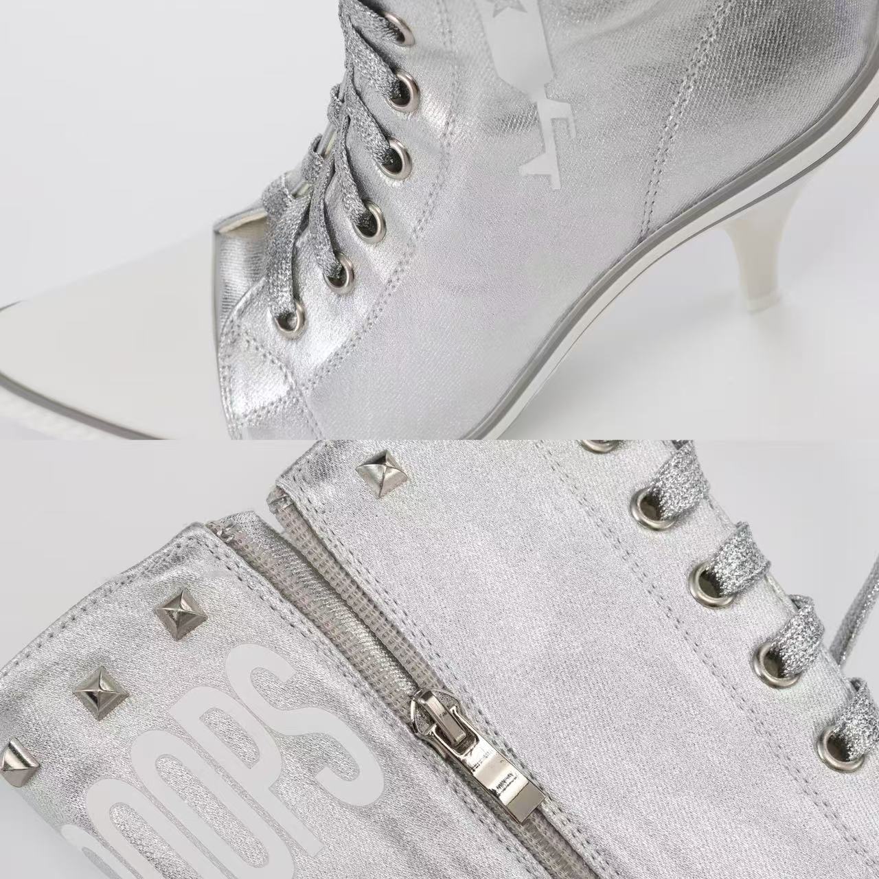 Ooops333 Y2K Studded Glitter Canvas High Top Heels | Metallic Lace-Up Platform Boots