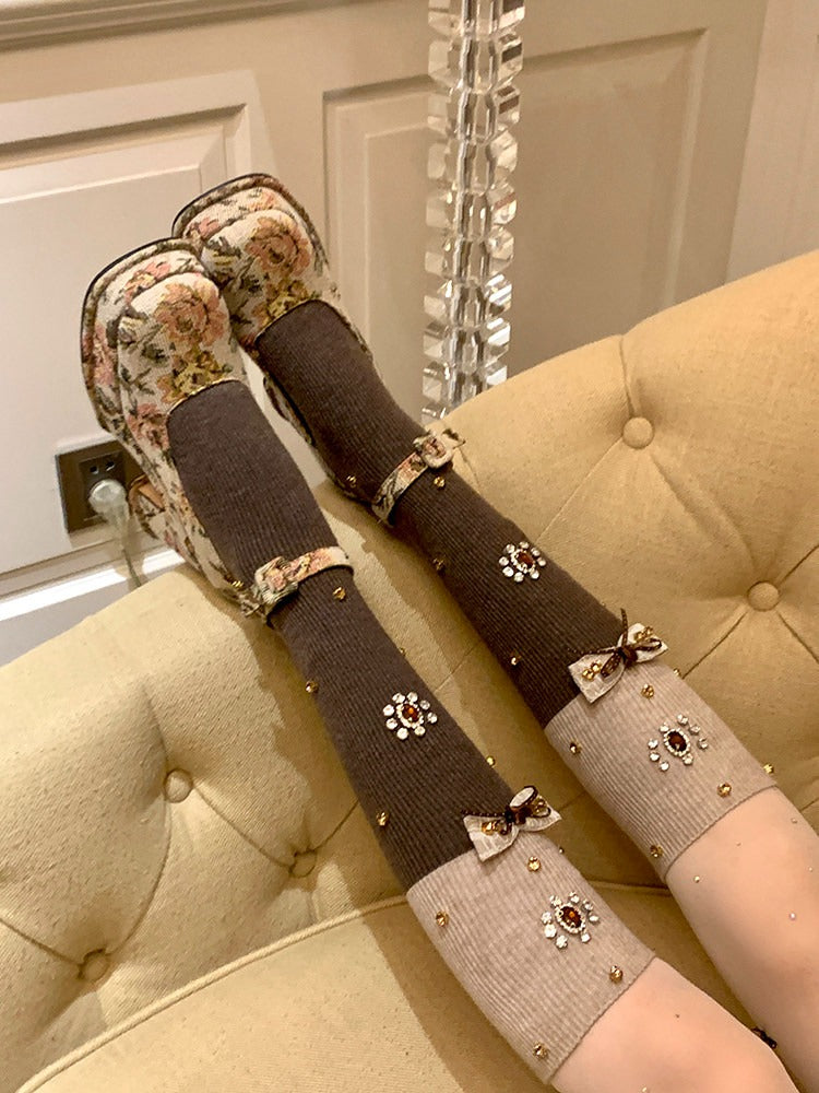 Rhinestone Bow Embellished Knit Calf Socks