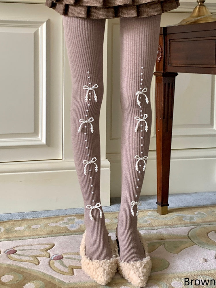 Warm Slim-Fit Tights with Beaded Bowknot Decoration