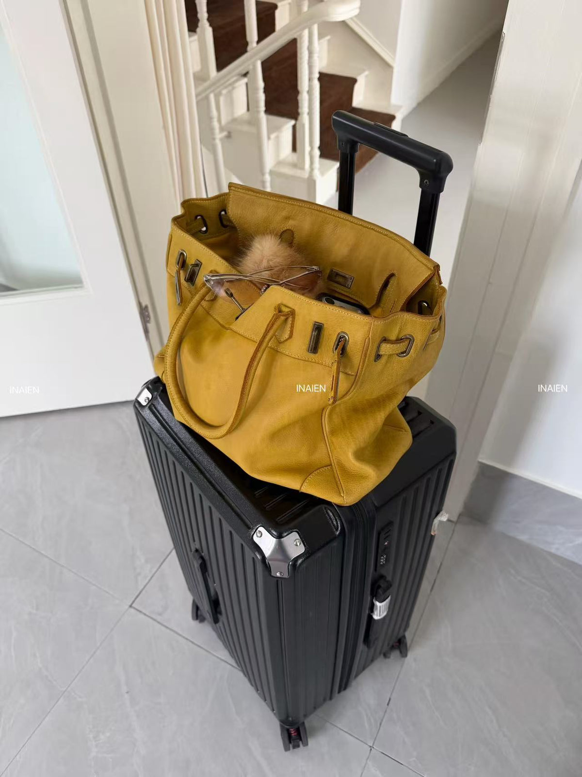 Yellow Water-Dyed Calfskin Vintage Firkin Tote Bag