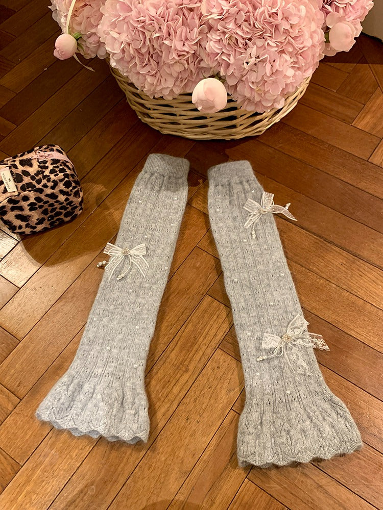 Fuzzy Knit Pearl Bow Leg Warmers