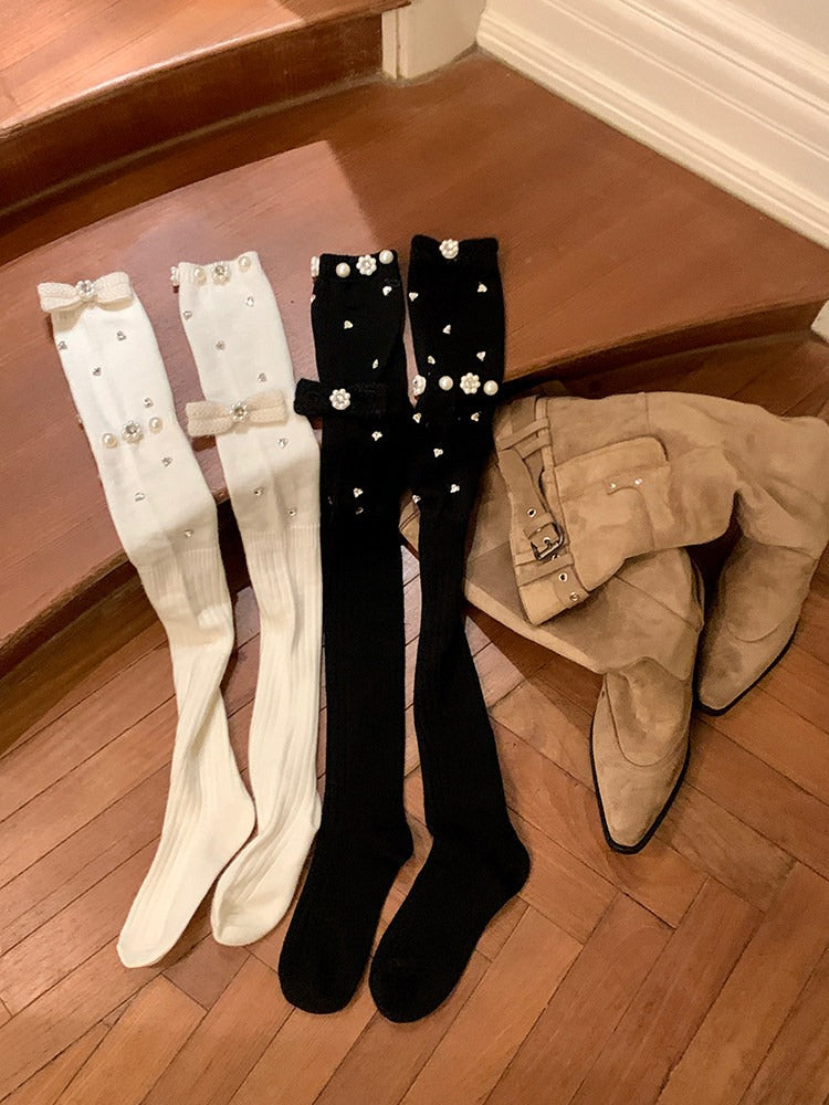 Heart Rhinestone & Pearl Embellished Ribbed Knit Stockings