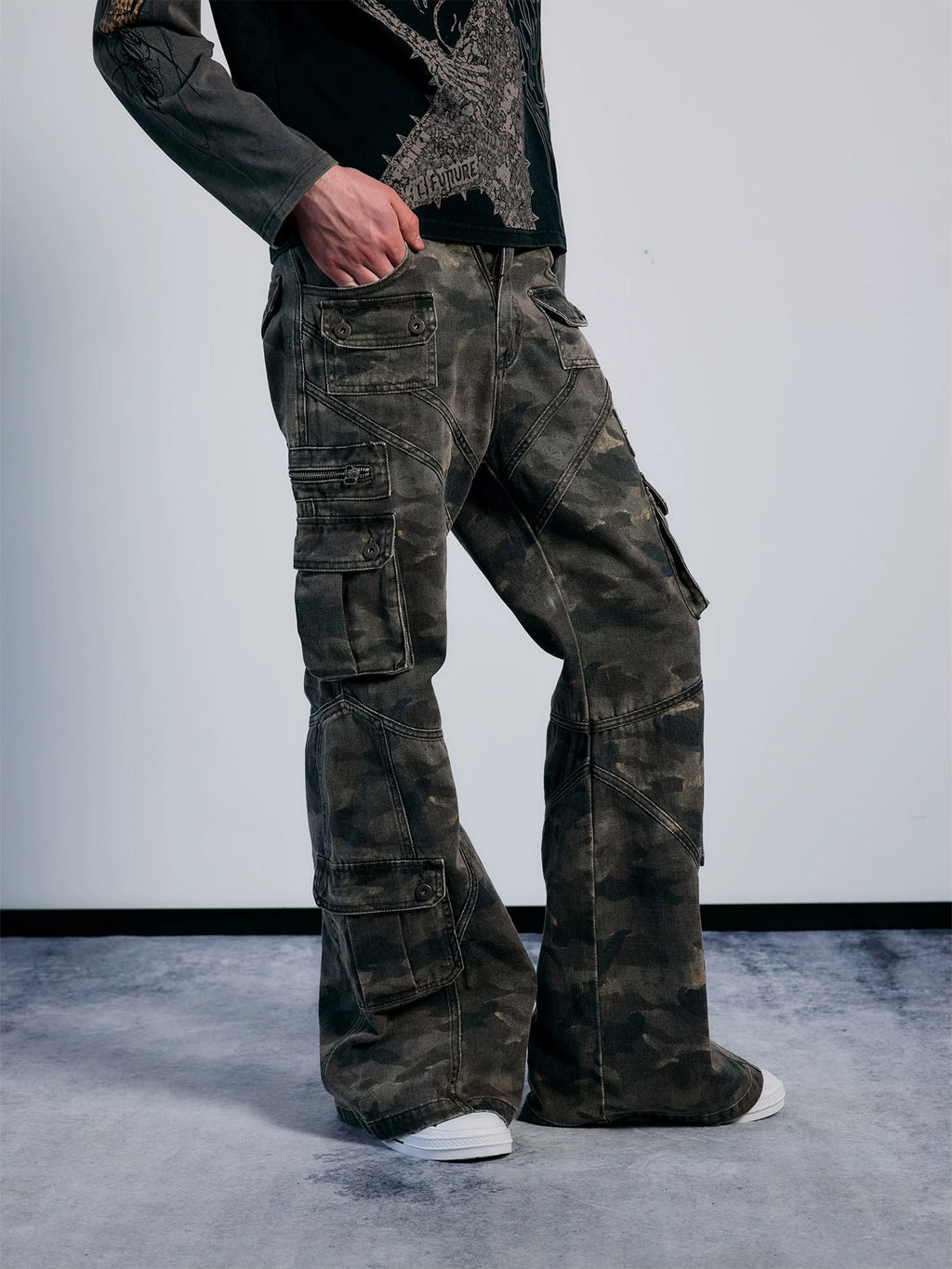 PAIKI Washed Camouflage Multi-Panel Flared Cargo Pants