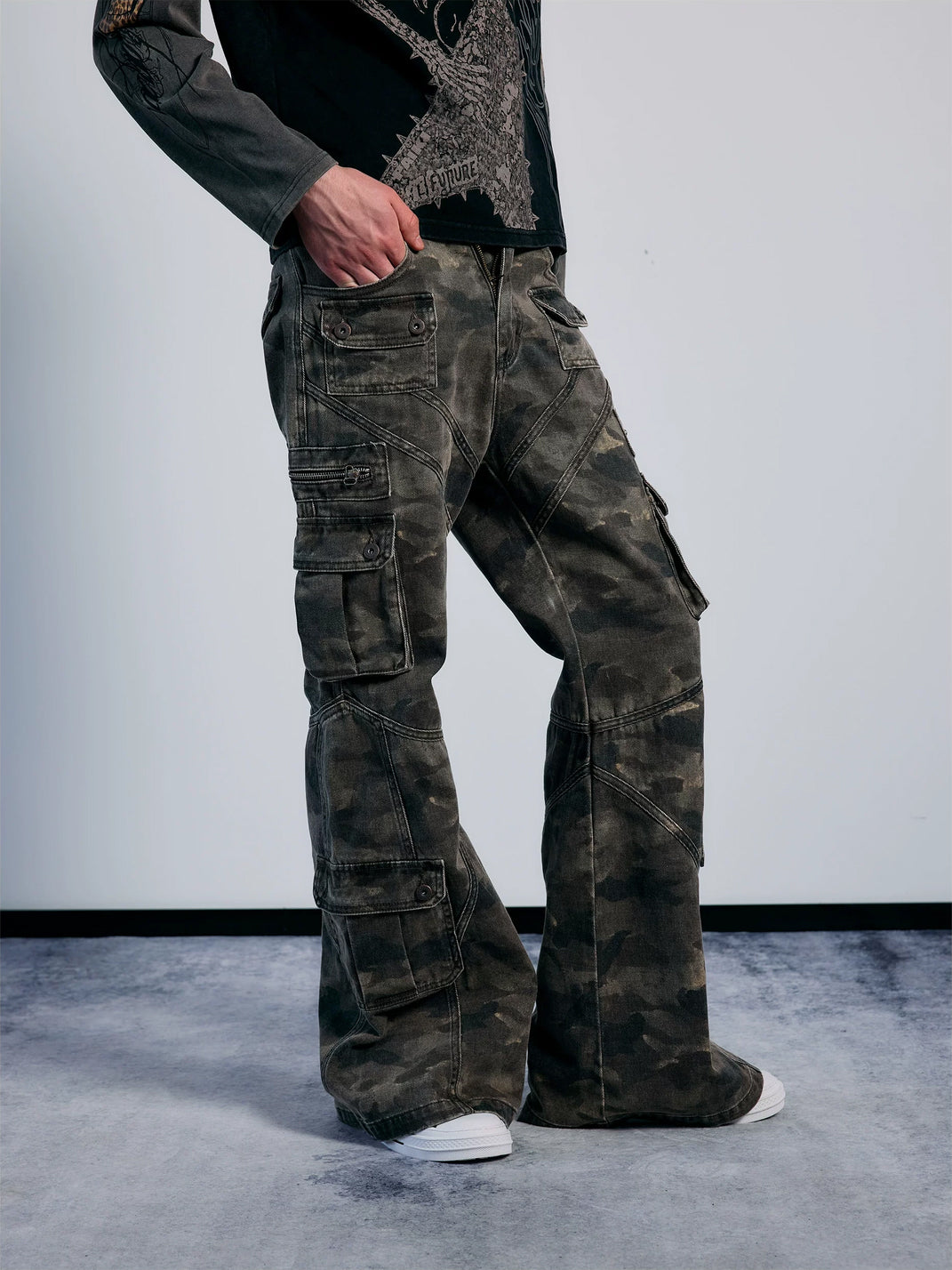 PAIKI Washed Camouflage Multi-Panel Flared Cargo Pants