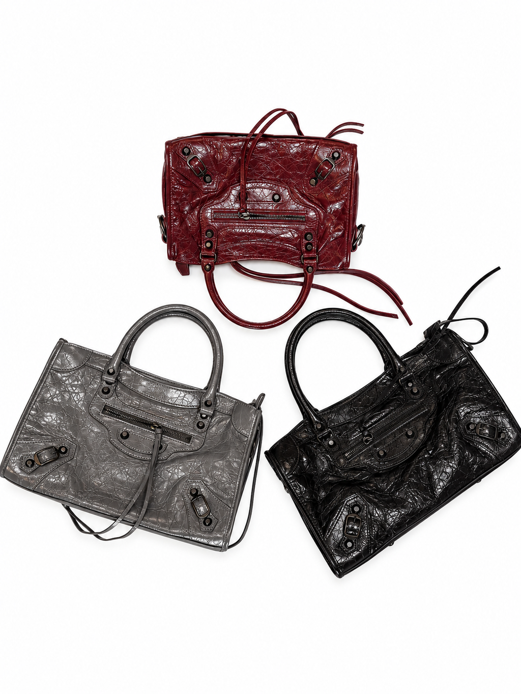 Crinkle-textured motorcycle totes in burgundy, gray, and black