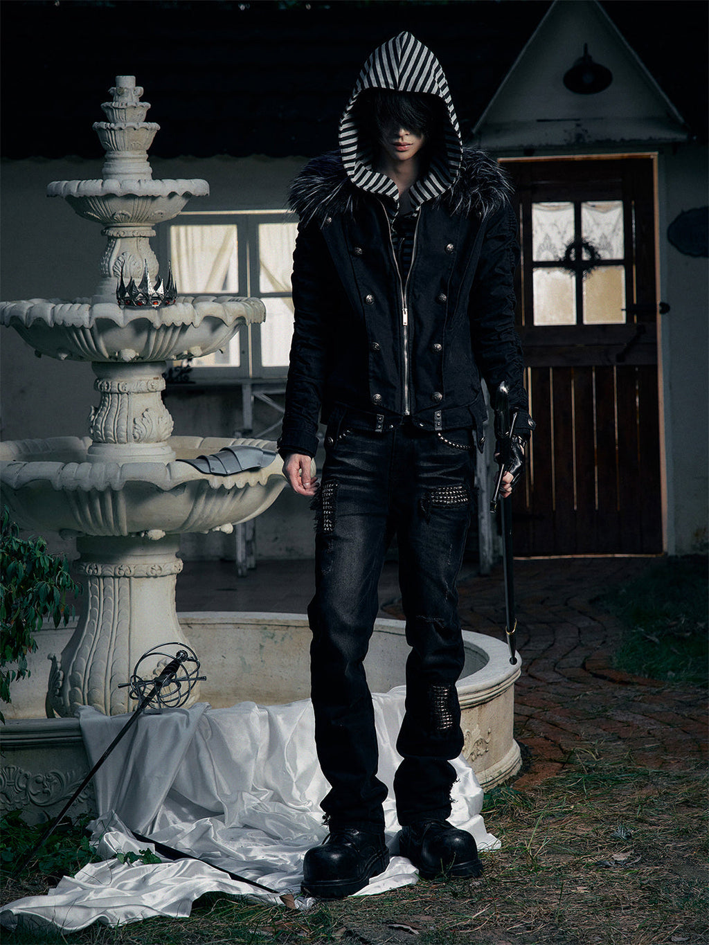 PAIKI "Silent Shadow" Detachable Fur Collar Canvas Double-Breasted Jacket