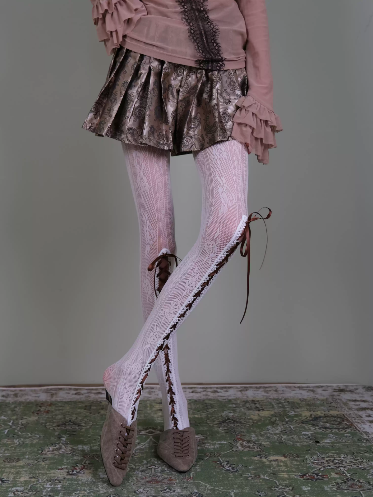 White Lace-Up Tights - Coquette Dark Romance Floral Lace Stockings