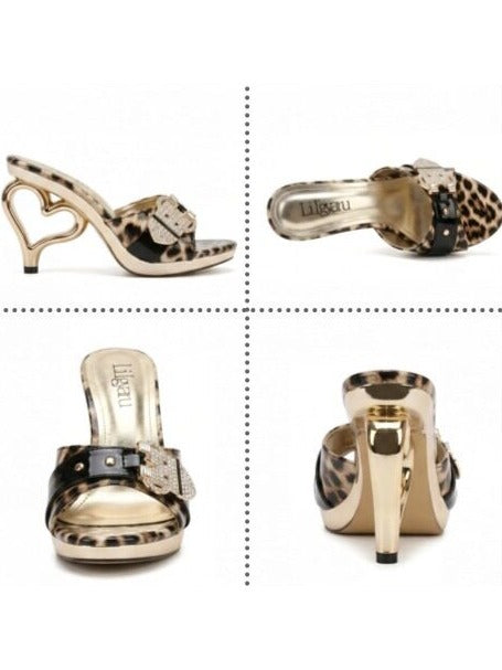 Gold Leopard Print Heart Heel High Heels – 9.5cm Gyaru Pumps with Crystal Buckle