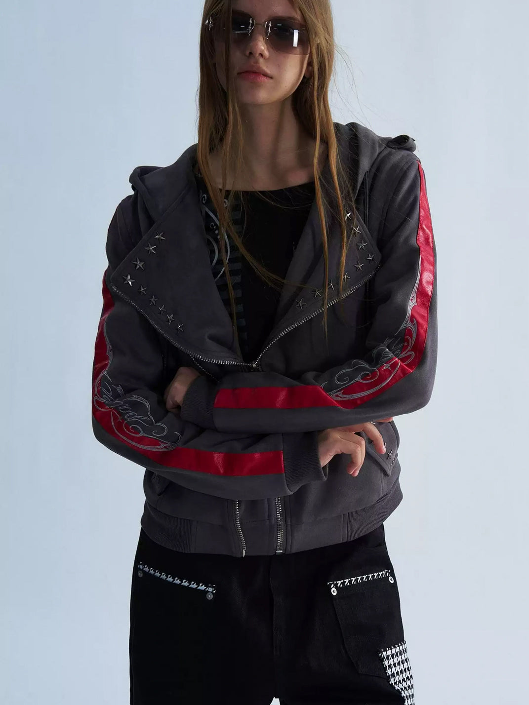 PAIKI Studded Hooded Slim Fit Biker Jacket