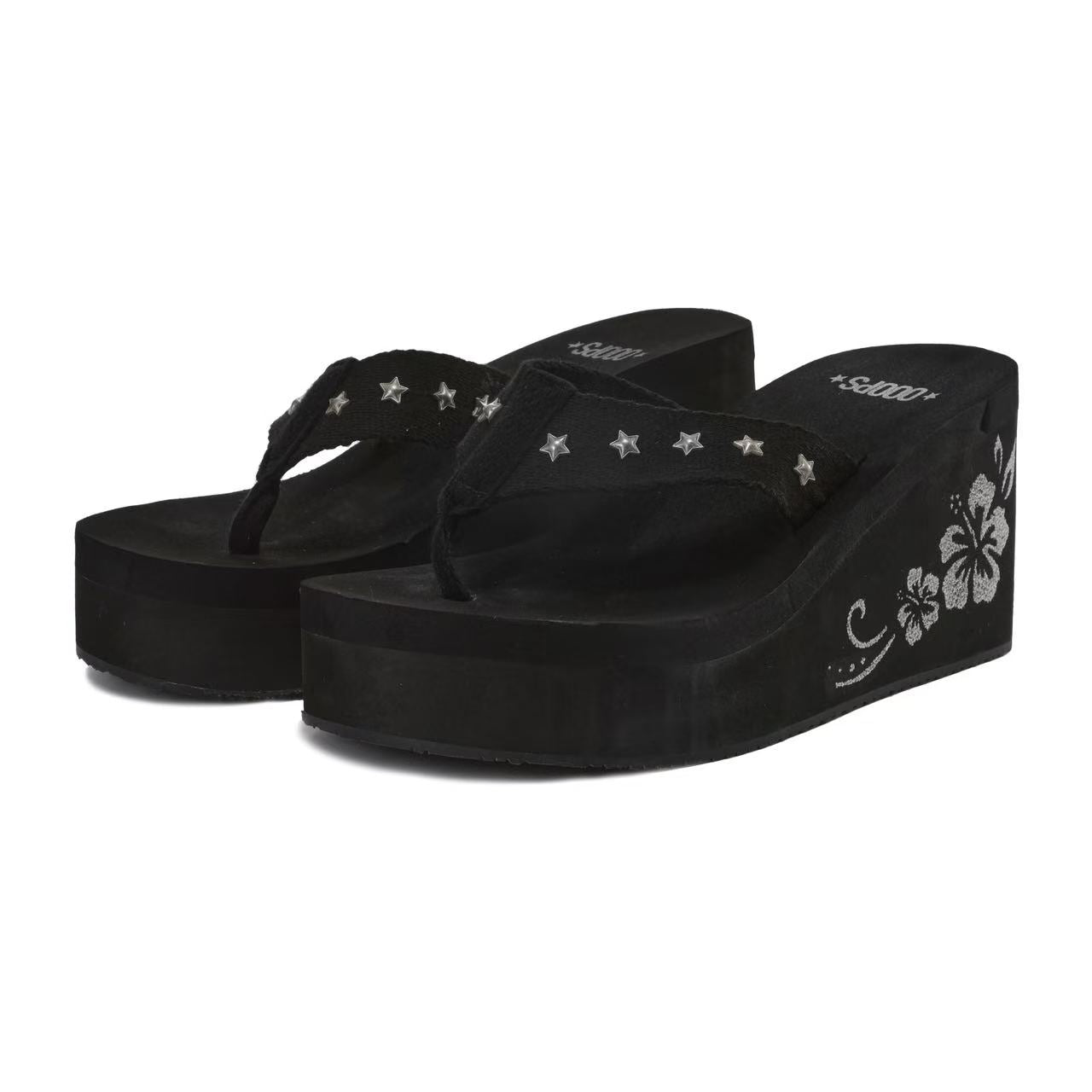Ooops333 Y2K Star & Hibiscus Charm Platform Sandals | Retro Wedge Flip Flops