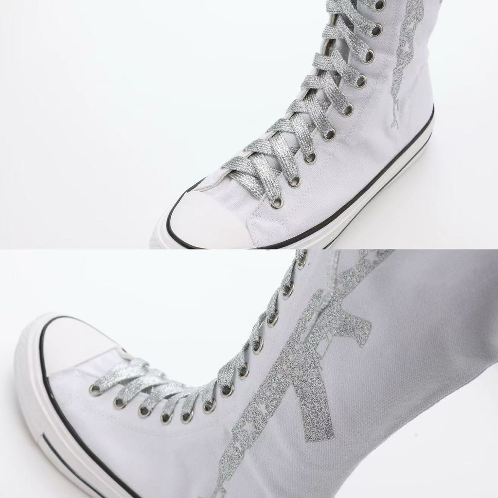 Ooops333 Studded Glitter Canvas Knee-High Lace-Up Boots