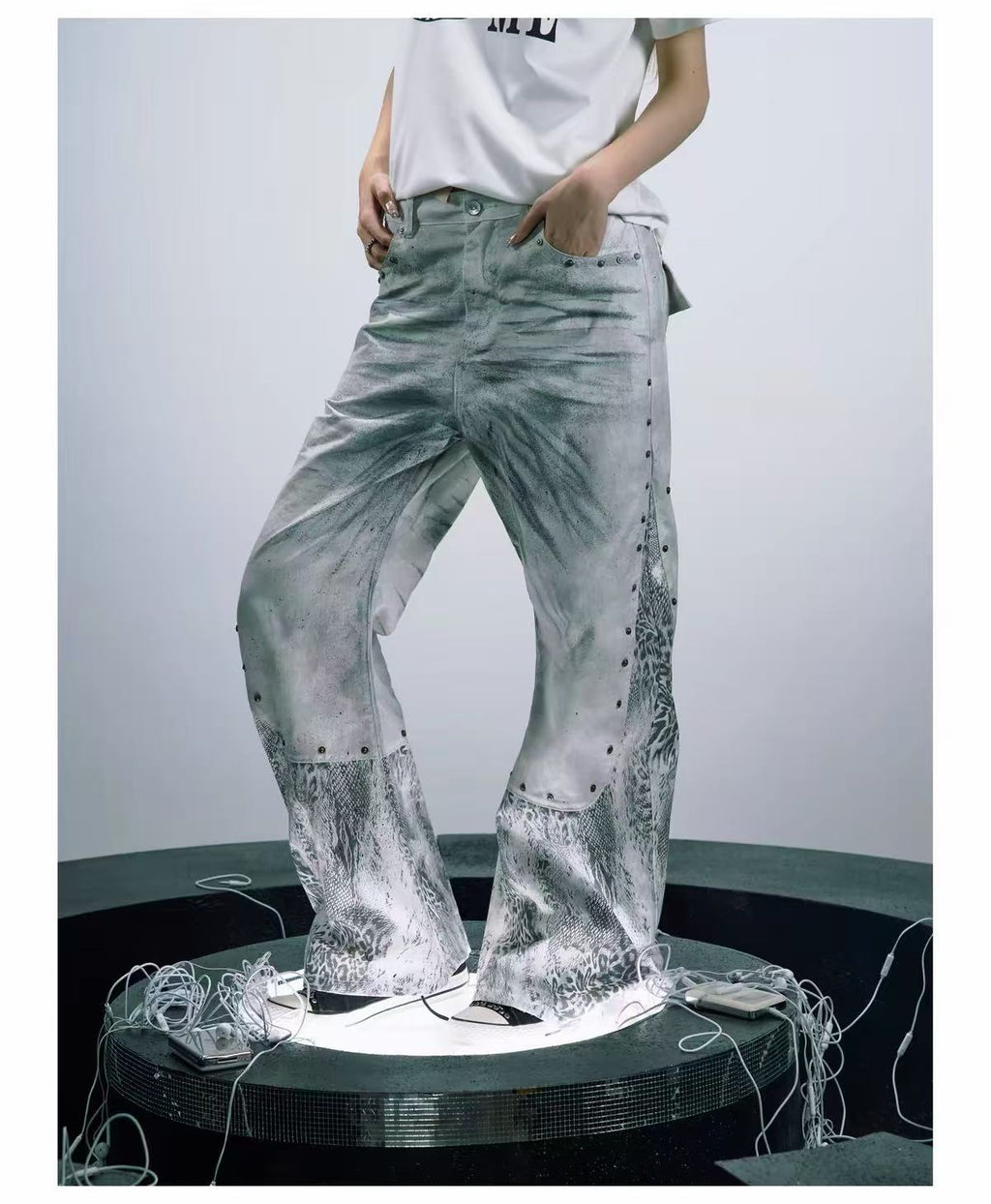 PAIKI Python Effect Leopard Print Straight-Leg Jeans