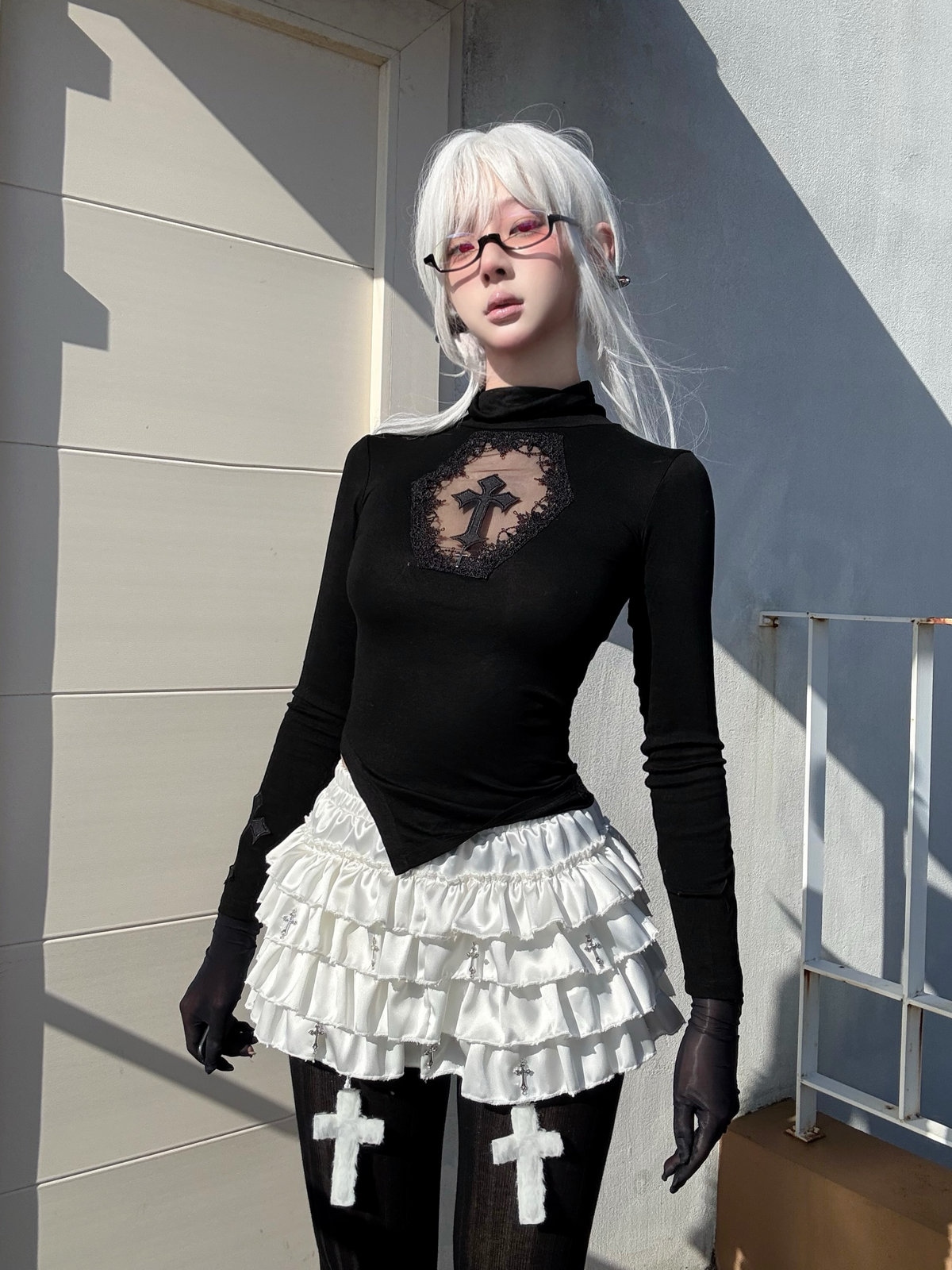 Gothic Cross Cutout Top with Nine Crosses