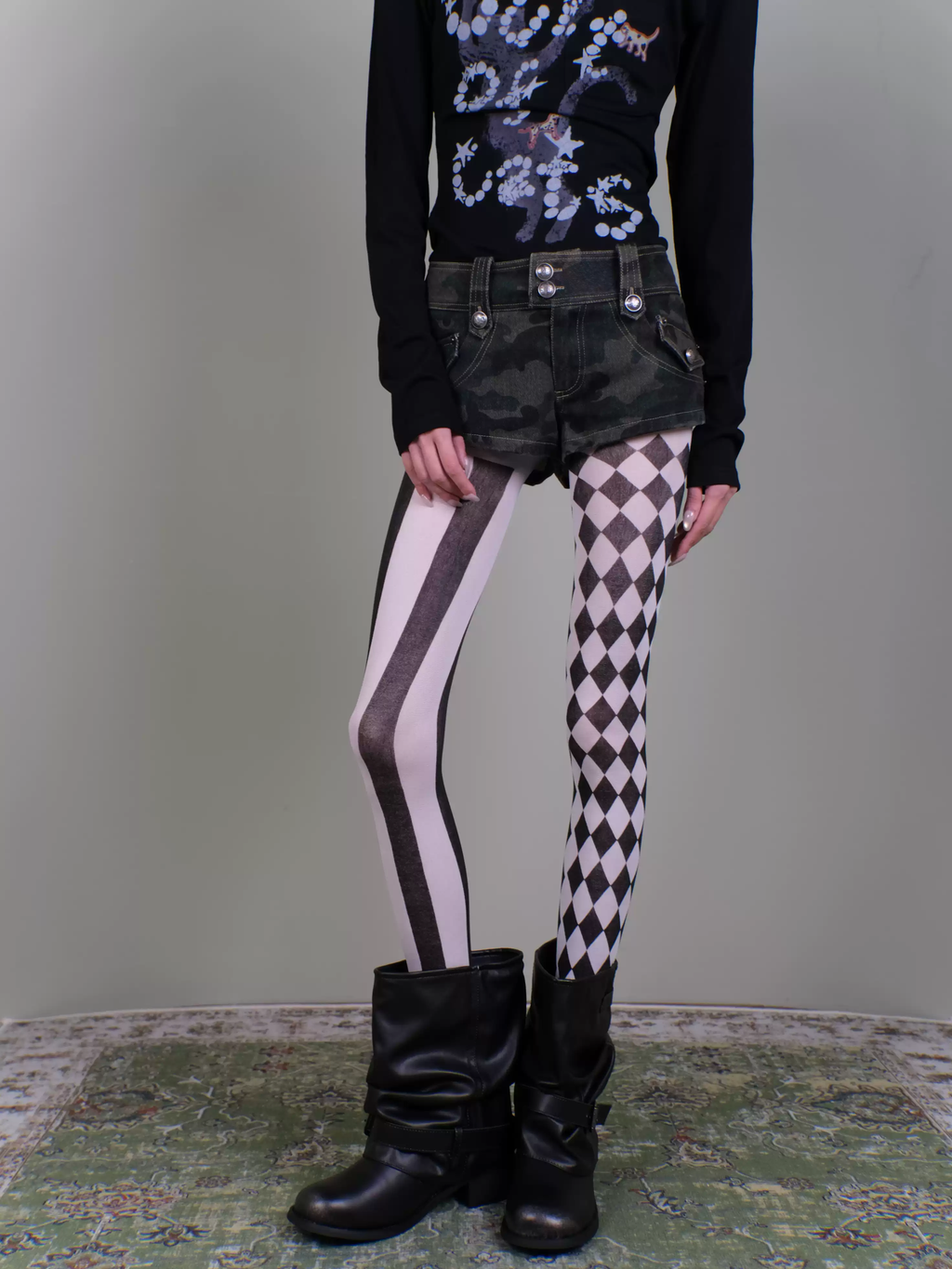 Harlequin Diamond & Vertical Stripe Mismatched Tights - Black & White Gothic AB Style