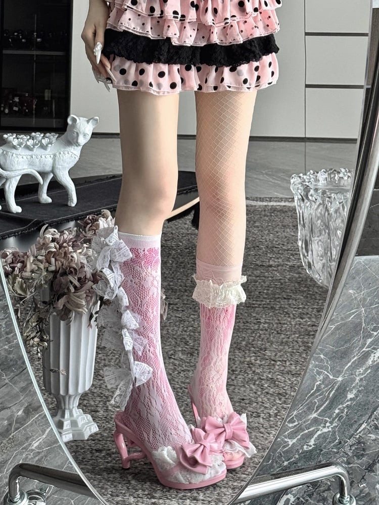 Pink Heart Heel Gyaru Slingback Shoes – 9.5cm Heels with Bowknot & Lace Details