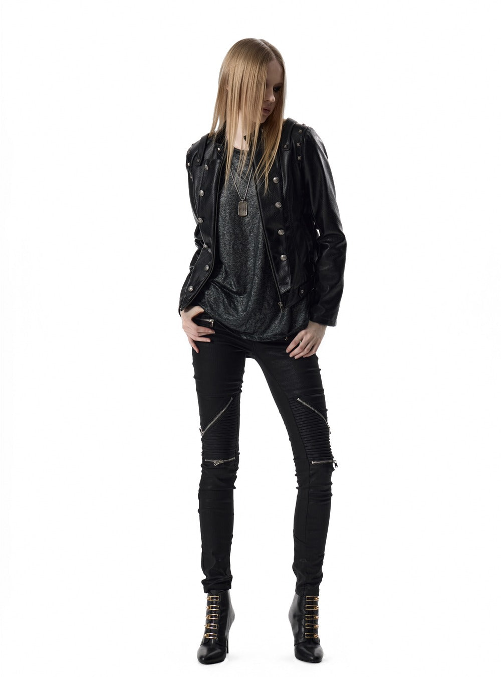 Studded double breasted jacket styled