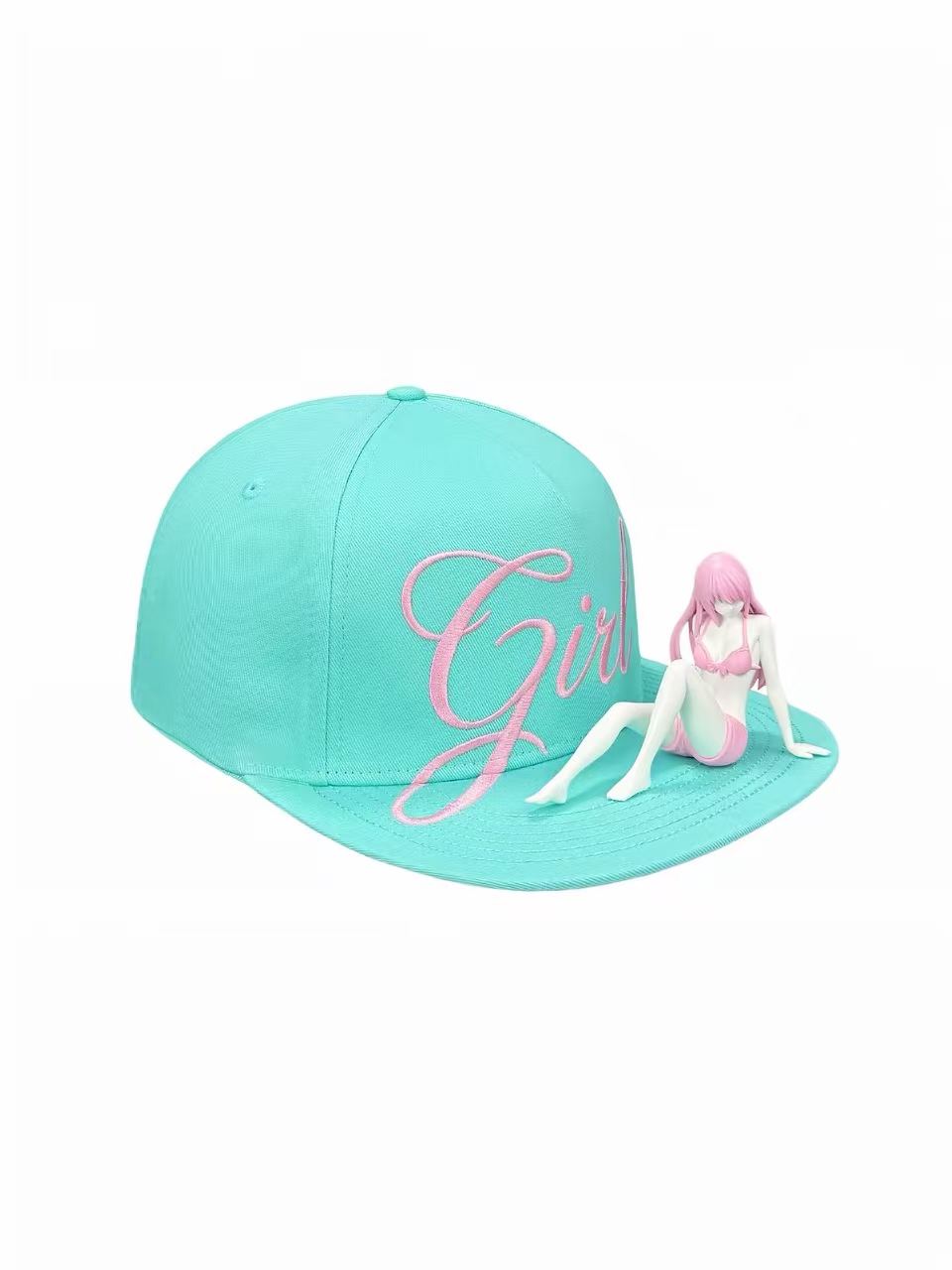 Girl 3D Embroidered Mint Green Flat Brim Cap