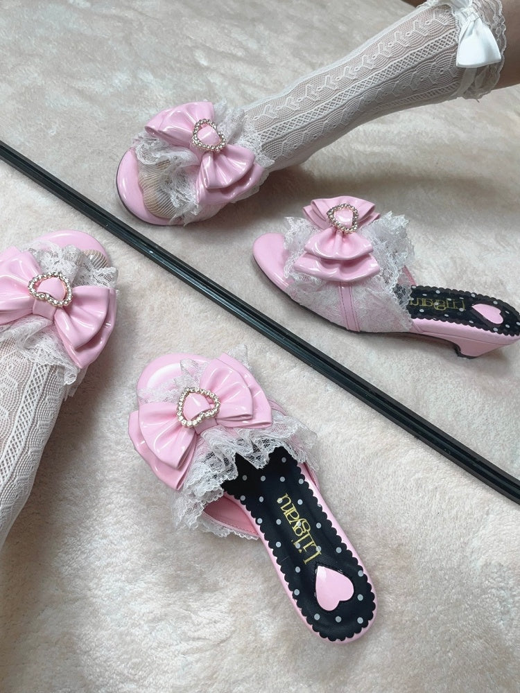 Pink Gyaru Slingback Sandals – 4cm Heel with Bowknot, Lace Trim & Detachable Heart Buckle