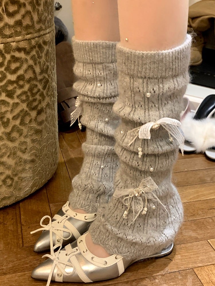 Fuzzy Knit Pearl Bow Leg Warmers