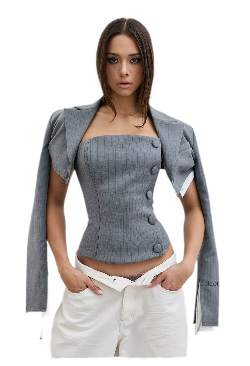 Deconstructive Cropped Suit Set – Pinstripe Cropped Blazer & Strapless Bustier Two-Piece
