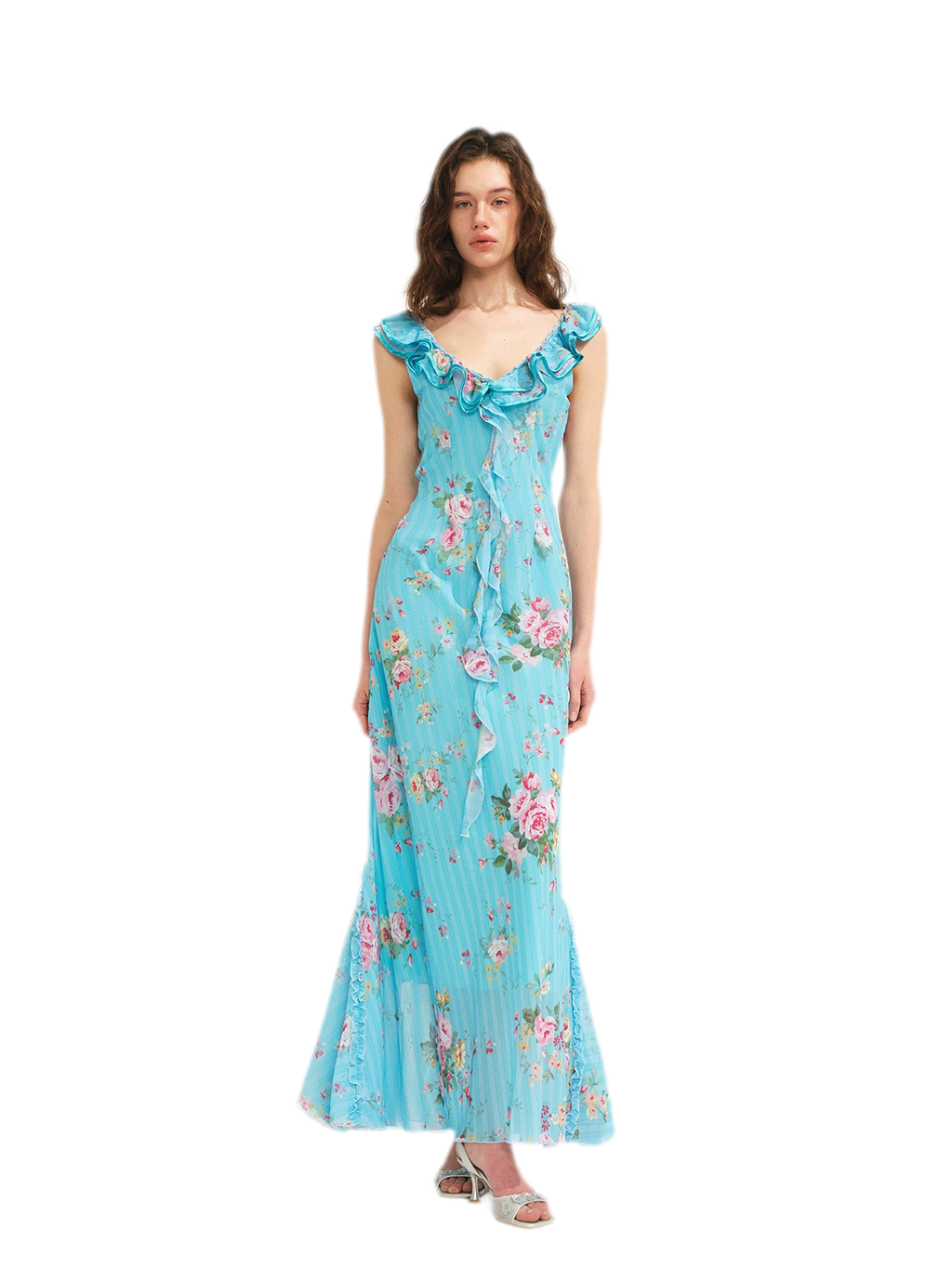 Glacier Rose Floral Chiffon Lace Trim Mermaid Dress