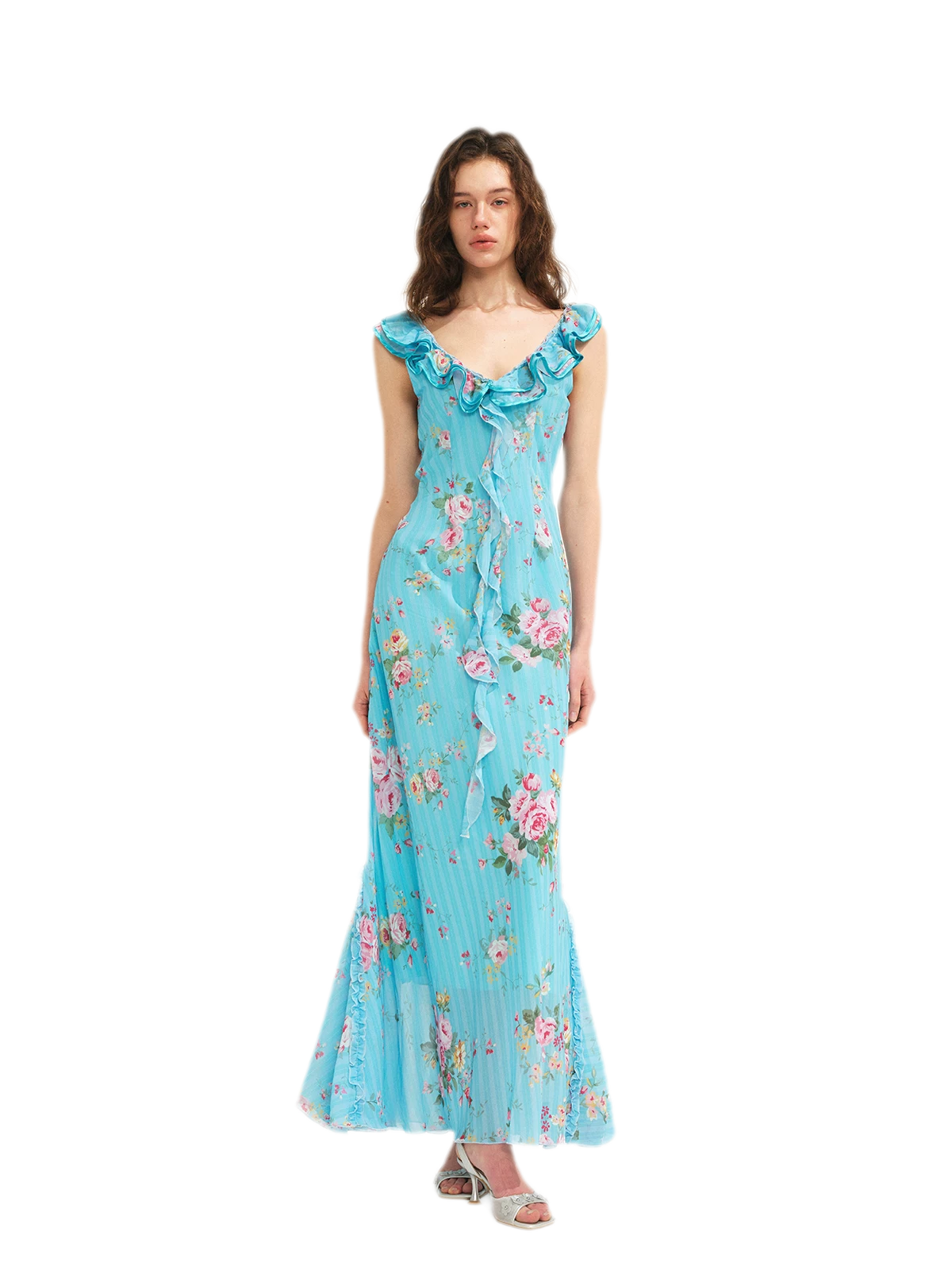 Glacier Rose Floral Chiffon Lace Trim Mermaid Dress