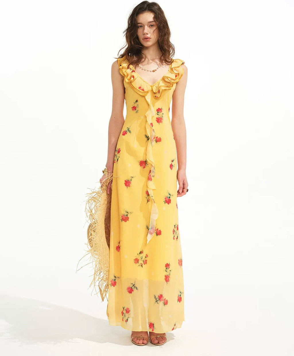 Yellow Floral Reversible Ruffle Maxi Dress with Detachable Lace Ribbon