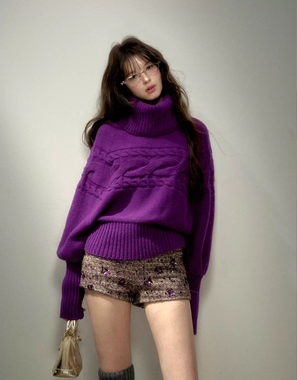 Cable Knit Relaxed Wool Turtleneck Sweater with Detachable Scarf Collar