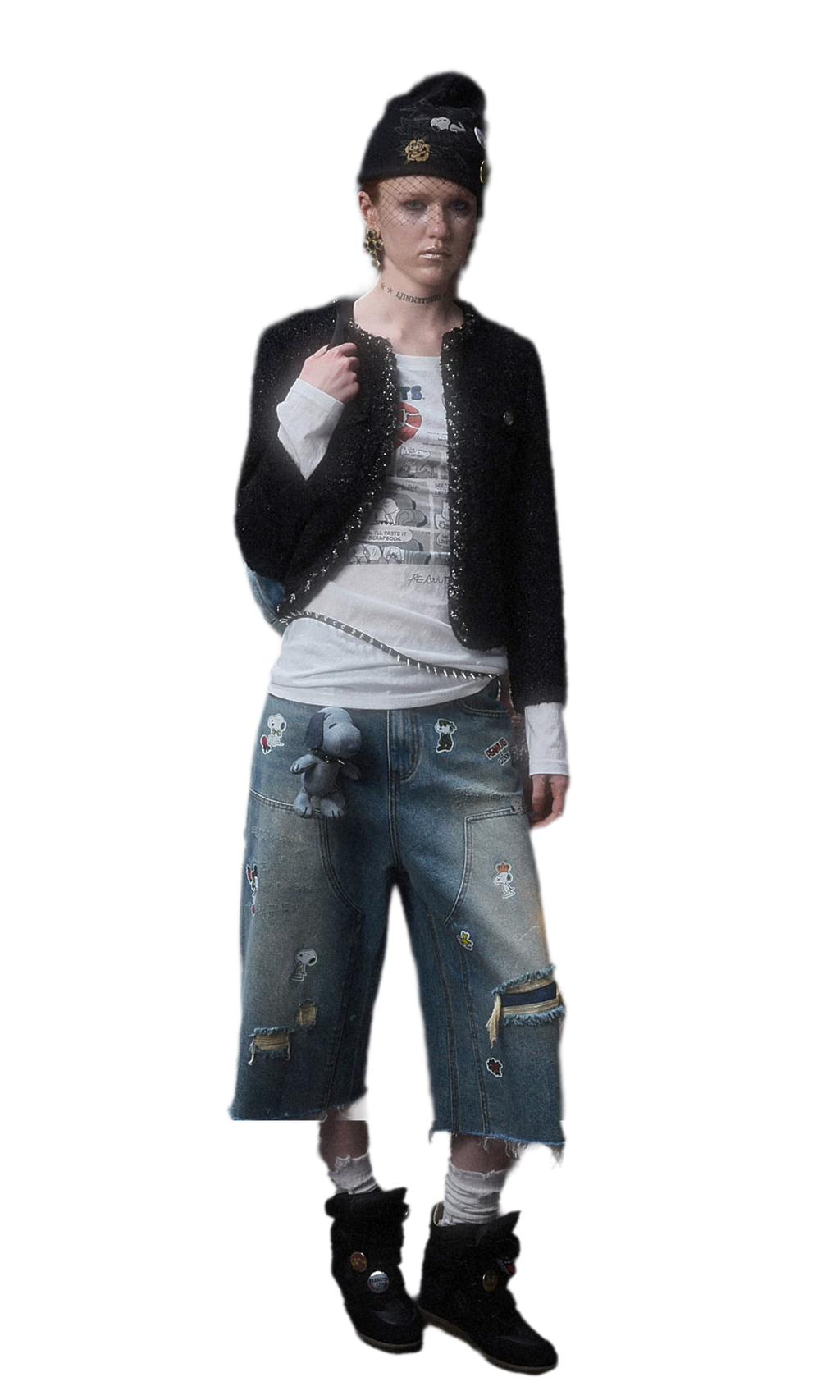 Washed Distressed Wide-Leg Patch Jeans