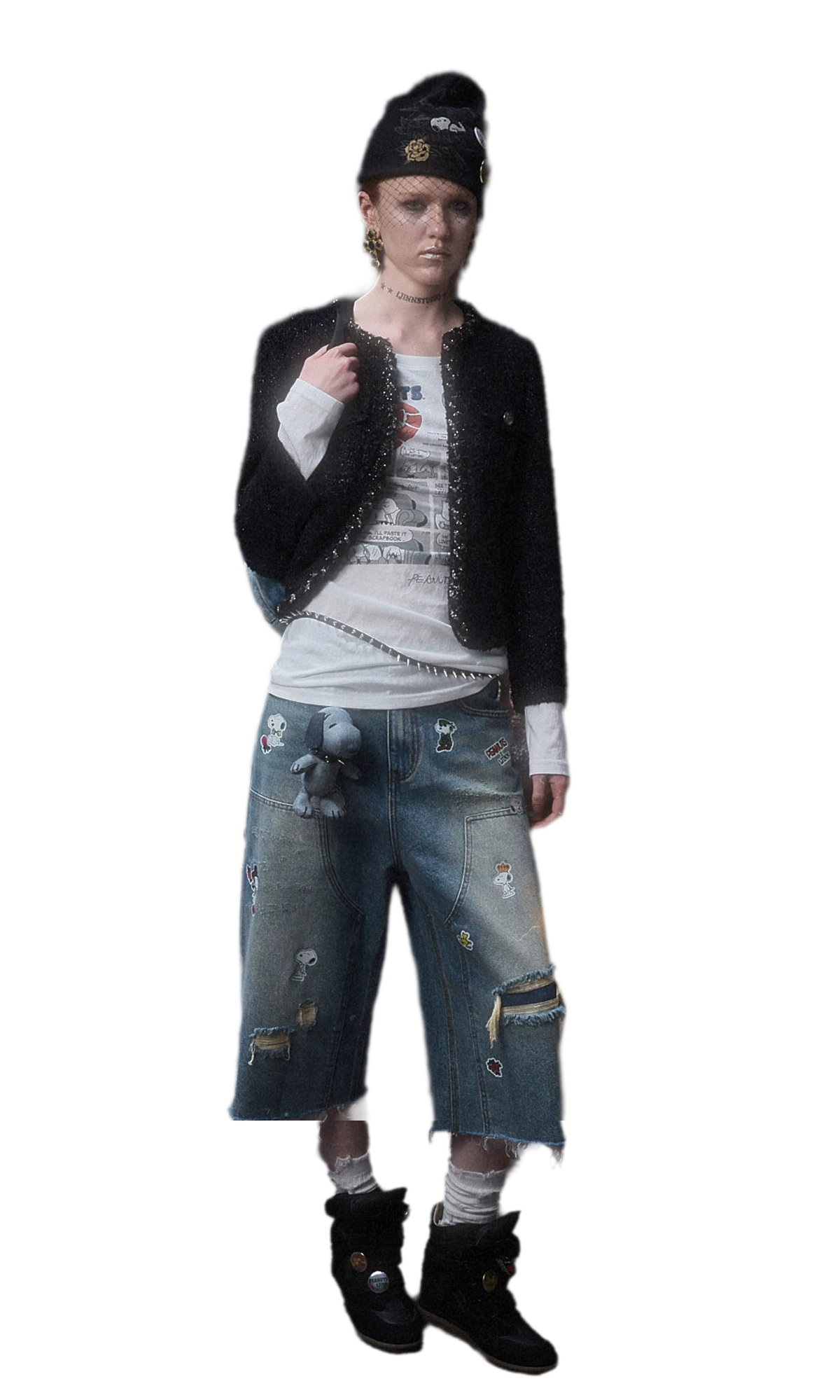 Washed Distressed Wide-Leg Patch Jeans