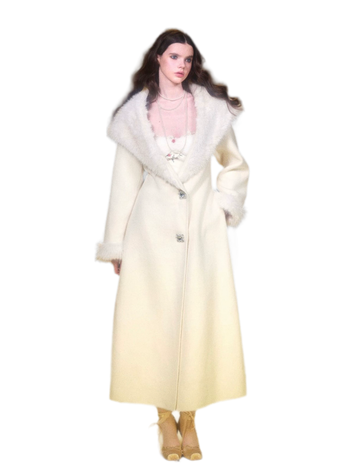 Ivory double faced wool long coat with fur trim shawl collar