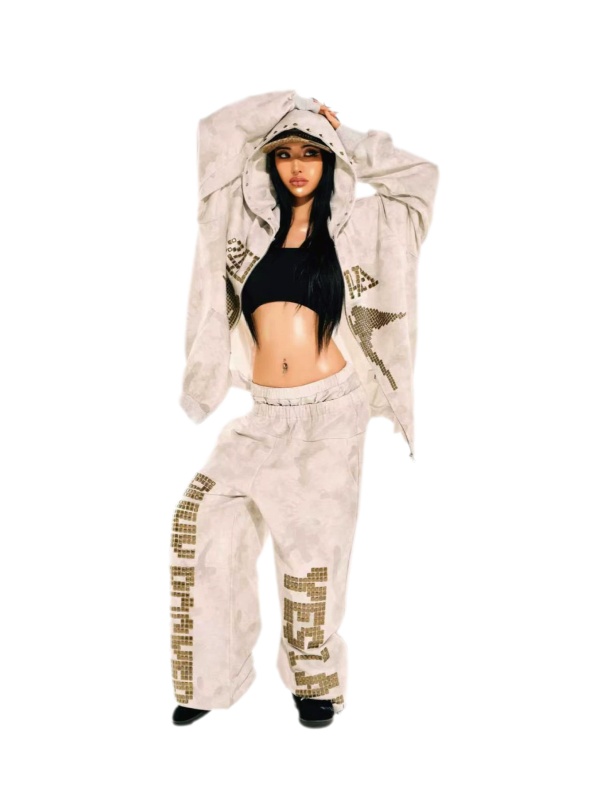 24ANS Camouflage Rhinestone Hoodie Sweatpants Set - detail