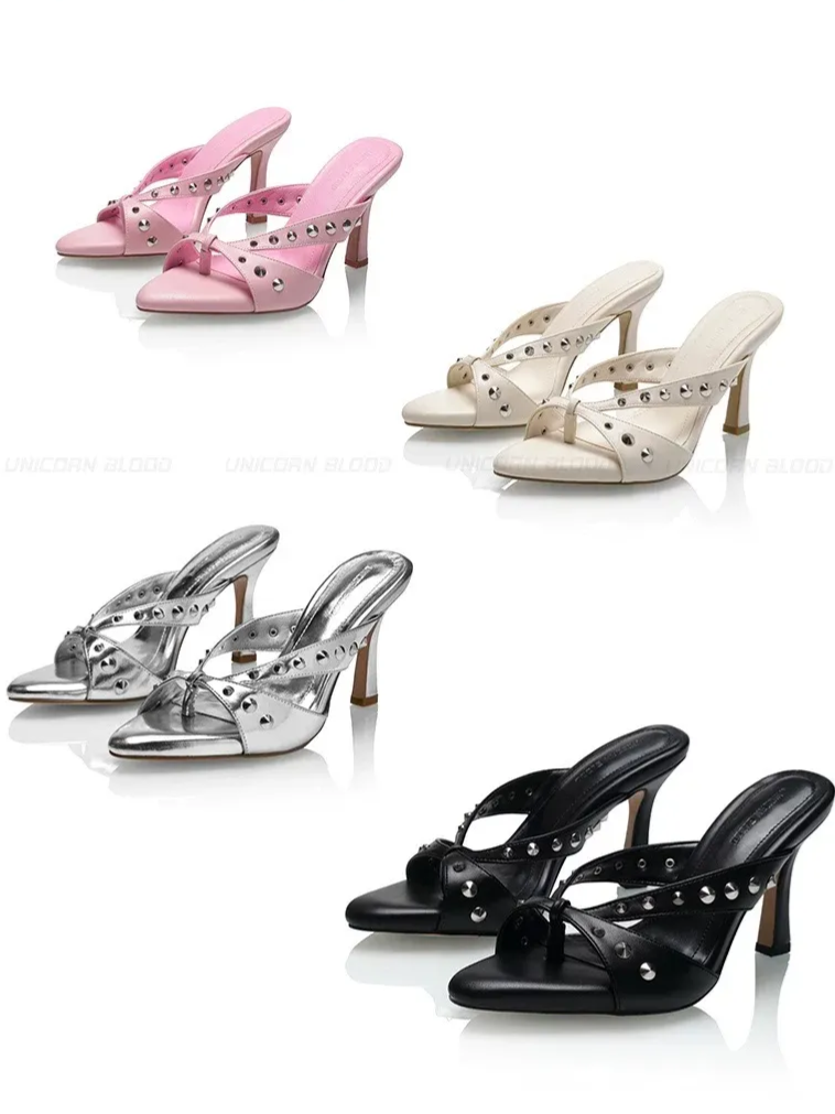 Rivet strap heeled sandals detail