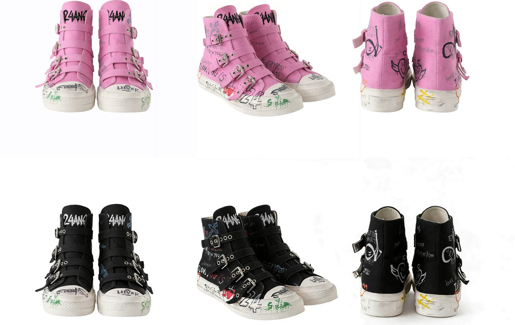 Hand-Drawn Graffiti High-Top Canvas Sneakers – Punk Grunge Platform Sneakers with Metal Buckle Straps