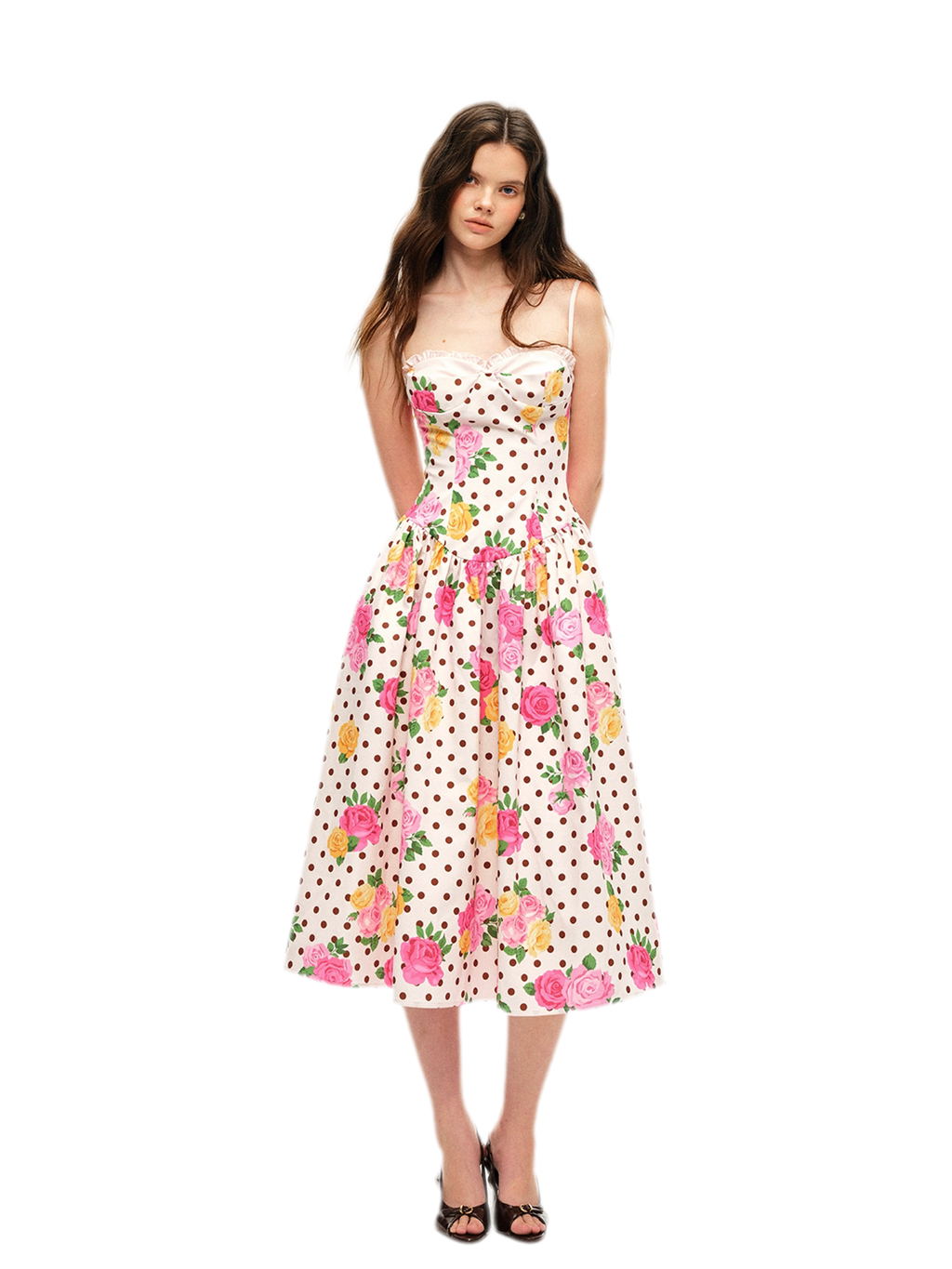 Retro French Polka Dot Rose Lyocell Midi Dress with Bustier Bodice