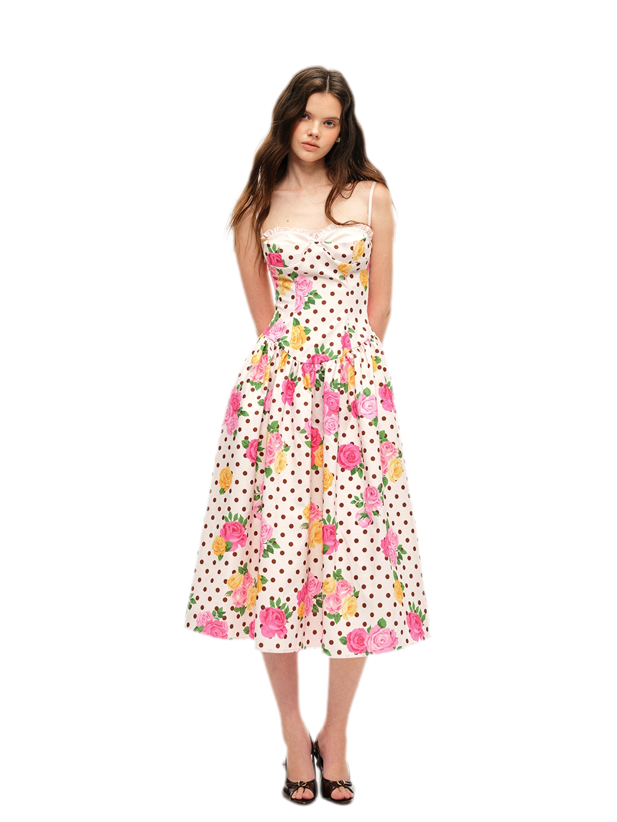 Retro French Polka Dot Rose Lyocell Midi Dress with Bustier Bodice